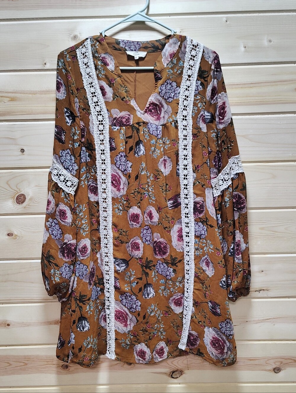 Entro Floral Boho Dress Medium Mustard Crochet Lace Long Sleeve Cottagecore